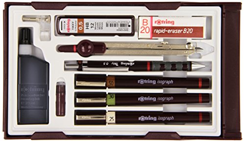 Rotring Isograph Master Set 3X Technical Pens (0.20mm, 0.30mm, 0.50mm), 1x Tikky Pencil + Accessories Rotring