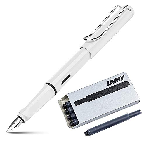 Lamy Safari Fountain Pen (19M) White & 5 Black Ink Cartridges Lamy