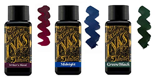 Diamine Fountain Pen Ink 30ml - 3 x Bottles - Writers Blood & Midnight Blue & Green Black Diamine