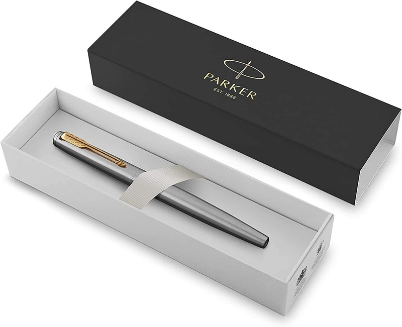 Parker Rollerball Pen, Jotter Stainless Steel Rollerball Pen, Gold Trim, Fine Tip, Black Parker