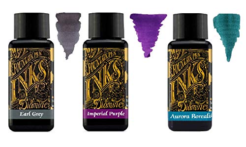 Diamine - 30ml Fountain Pen Ink - 3 Pack - Earl Grey & Imperial Purple & Aurora Borealis Diamine