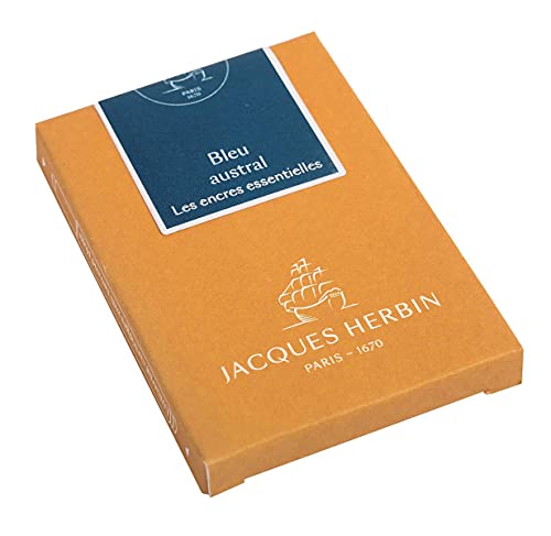 Jacques Herbin - Ref 11016JT - Essential Ink Cartridges for Fountain Pens - International Size - Bleu Austral - Box of 7 Cartridges Herbin