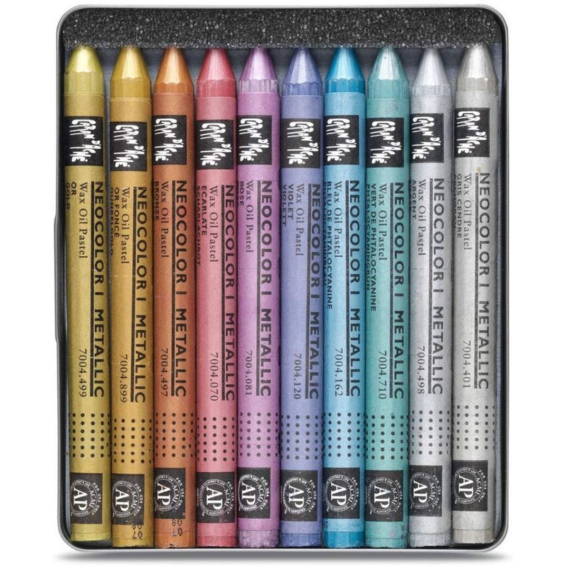 Neocolor I Water-Resistant Wax Pastels, 10 Metallic Colors Caran d'Ache