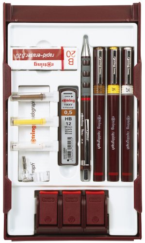 rOtring Rapidograph Technical Drawing Pen College Pen Station Set, 3 Pens with Line Widths of 0.25mm to 0.5mm, Brown (S0699530) Rotring