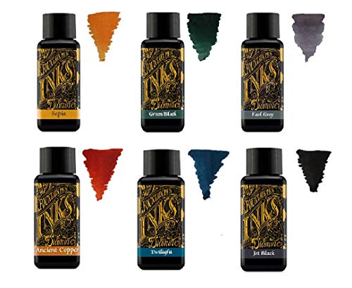 Diamine - 30ml Fountain Pen Ink - Color Wheel - 6 Pack - Sepia, Green Black, Earl Grey, Ancient Copper, Twilight, Jet Black Diamine