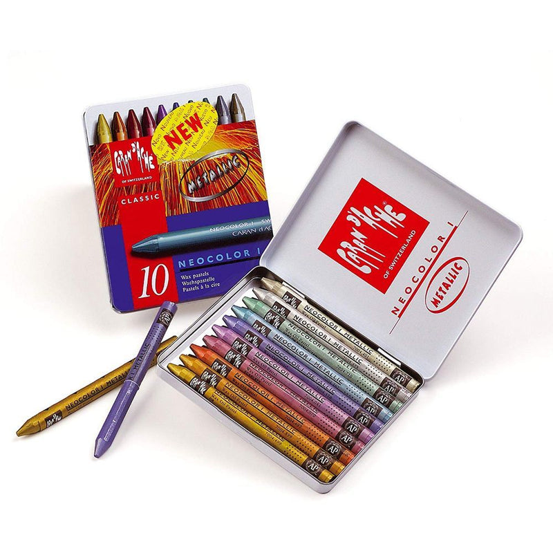Neocolor I Water-Resistant Wax Pastels, 10 Metallic Colors Caran d'Ache