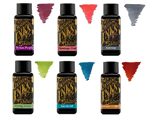 Diamine - 30ml Fountain Pen Ink - Color Wheel - 6 Pack - Tyrian Purple, Flamingo Pink, Earl Grey, Spring Green, Eau de Nil, Ancient Copper Diamine