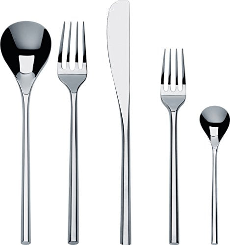 Alessi"MU" Flatware Set Composed Of One Table Spoon, Table Fork, Table Knife, Dessert Fork, Tea Spoon in 18/10 Stainless Steel Mirror Polished, Silver Alessi