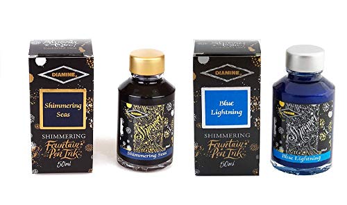Diamine Fountain Pen Ink 50ml - Shimmering Sea & Blue Lightning - 2 Pack Diamine