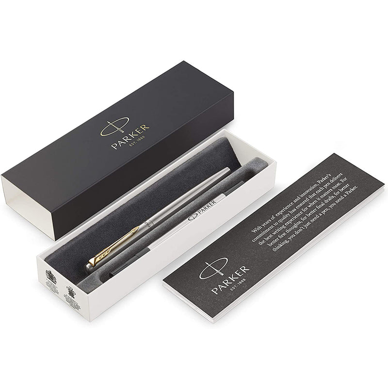 Parker Rollerball Pen, Jotter Stainless Steel Rollerball Pen, Gold Trim, Fine Tip, Black Parker