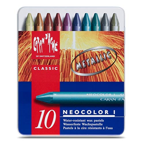 Neocolor I Water-Resistant Wax Pastels, 10 Metallic Colors Caran d'Ache